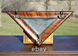 Antique Triangle Wood Mirror Tiger Oak Wall Coat Hat Rack Hooks Vintage RARE