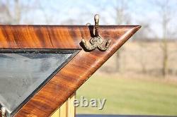 Antique Triangle Wood Mirror Tiger Oak Wall Coat Hat Rack Hooks Vintage RARE