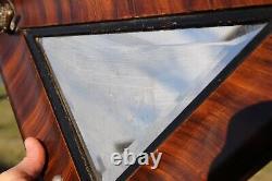 Antique Triangle Wood Mirror Tiger Oak Wall Coat Hat Rack Hooks Vintage RARE