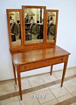 Antique Vanity Tri mirror Mission arts and crafts tiger oak desk locking drawer