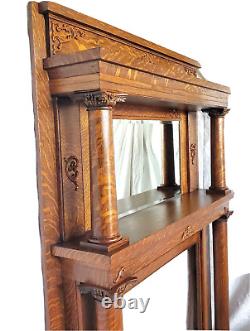 Antique Victorian American Tiger Oak Fireplace Mantel Columns & Mirror 1890's