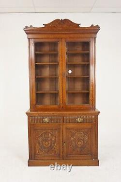 Antique Victorian Carved Tiger Oak Cabinet Bookcase Display, Scotland 1900, H876
