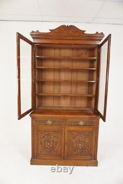 Antique Victorian Carved Tiger Oak Cabinet Bookcase Display, Scotland 1900, H876