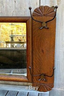 Antique Victorian Carved Tiger Oak Mirror with 4 Quad Coat Rack Hooks c. 1880