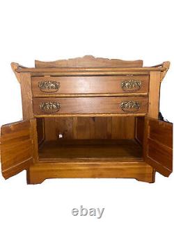 Antique Victorian Eastlake Tiger Oak Wood Washstand Dry Sink Cabinet Chest