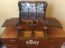 Antique Victorian English Oak Tantalus Tabletop Cigarette Box Secret Drawer 1880