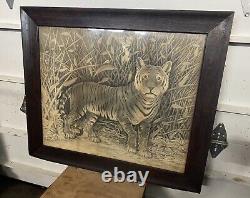 Antique Victorian Framed Tiger Lithograph Print In Oak Frame