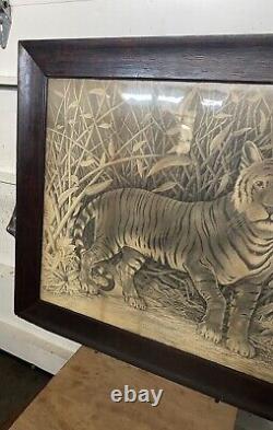 Antique Victorian Framed Tiger Lithograph Print In Oak Frame