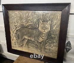 Antique Victorian Framed Tiger Lithograph Print In Oak Frame