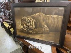 Antique Victorian Framed Tiger Lithograph Print In Oak Frame