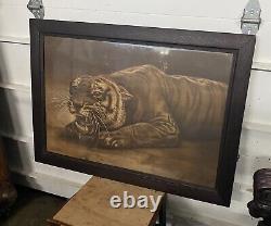 Antique Victorian Framed Tiger Lithograph Print In Oak Frame