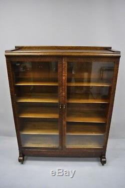 Antique Victorian Golden Tiger Oak Glass Double Door China Cabinet Bookcase