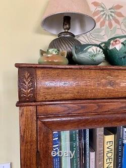 Antique Victorian Golden Tiger Oak Glass Double Door China Cabinet Bookcase
