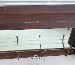 Antique Victorian Mission Tiger Oak 54 Mirror with 6 Double Coat Rack Hooks 1915