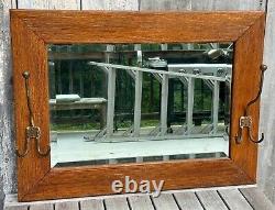 Antique Victorian Mission Tiger Oak Mirror with 2 Iron Coat Rack Hooks 1900