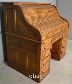 Antique Victorian Oak Raised Panel Tiger Sawn Roll Top Desk #21863