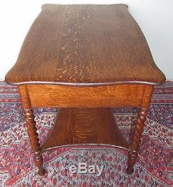 Antique Victorian Solid Tiger Oak Desk Table With Barley Twist Legs