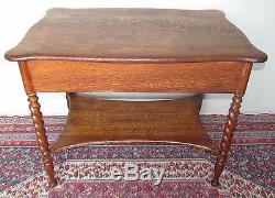 Antique Victorian Solid Tiger Oak Desk Table With Barley Twist Legs