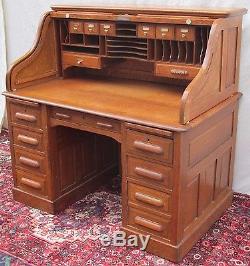 Antique Victorian Solid Tiger Oak Raised Panel S Roll Top Office Desk
