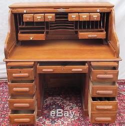 Antique Victorian Solid Tiger Oak Raised Panel S Roll Top Office Desk