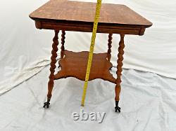 Antique Victorian Table bottom shelf Oak Barley Twist legs Glass Ball Claw feet