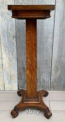 Antique Victorian Tiger Oak 37 Tall Pedestal Plant Stand with Scroll Feet c. 1880