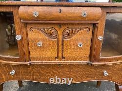 Antique Victorian Tiger Oak Buffet Sideboard with Glass Doors & Mirror On Top