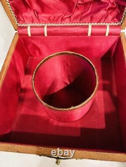 Antique Victorian Tiger Oak Collars Cuffs Box Red Satin With Mirror And Collars