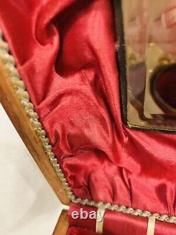 Antique Victorian Tiger Oak Collars Cuffs Box Red Satin With Mirror And Collars