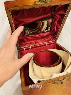 Antique Victorian Tiger Oak Collars Cuffs Box Red Satin With Mirror And Collars