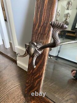Antique Victorian Tiger Oak Hall Mirror With Three Brass Double Coat Hooks