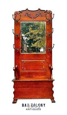 Antique Victorian Tiger Oak Hall Tree With Ribbon Carved Crest & Beveled Mirror