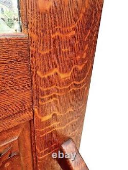 Antique Victorian Tiger Oak Hall Tree With Ribbon Carved Crest & Beveled Mirror