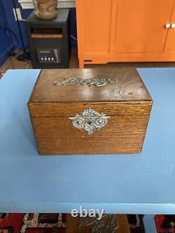 Antique Victorian Tiger Oak Jewels Box Satin Lined Silverplated Embellishments