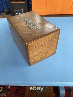 Antique Victorian Tiger Oak Jewels Box Satin Lined Silverplated Embellishments