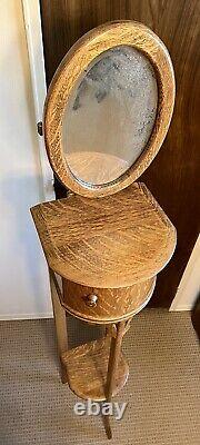 Antique Victorian Tiger Oak Shaving Stand withAdjustable Mirror & Curved Cabinet