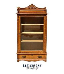 Antique Victorian Tiger Oak Single Door Bookcase / China Cabinet With Glass Door