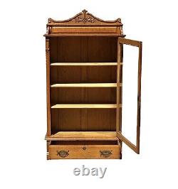 Antique Victorian Tiger Oak Single Door Bookcase / China Cabinet With Glass Door