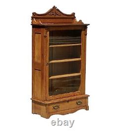 Antique Victorian Tiger Oak Single Door Bookcase / China Cabinet With Glass Door