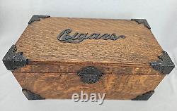 Antique Victorian Tiger Oak Wooden CIGAR BOX Humidor Tobacco Storage Box Brass