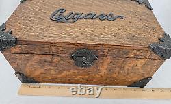 Antique Victorian Tiger Oak Wooden CIGAR BOX Humidor Tobacco Storage Box Brass