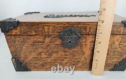 Antique Victorian Tiger Oak Wooden CIGAR BOX Humidor Tobacco Storage Box Brass