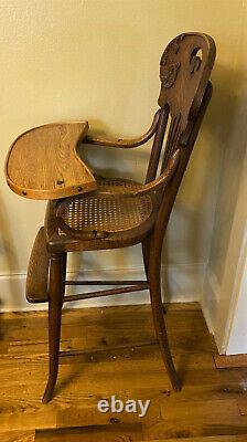Antique Victorian Tiger Oak Wooden High Chair Child's Feeding Chair w Cane Seat