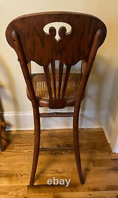 Antique Victorian Tiger Oak Wooden High Chair Child's Feeding Chair w Cane Seat