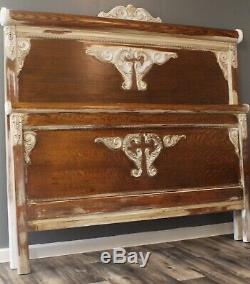 Antique/Vintage Tiger Oak Wood Queen Size Bed Farmhouse/Rustic Style Furniture