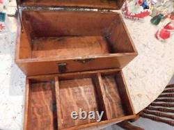 Antique Vintage Tiger Wood Oak or Maple Box With Tray Handle Hinges 12X6.5