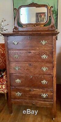 Antique Vtg Tiger Oak Highboy Dresser Carved Mirror lingerie Chest of drawers