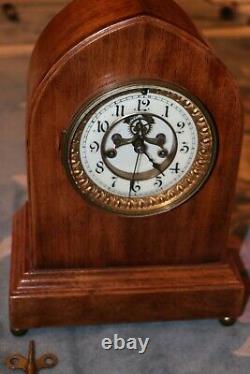 Antique Waterbury Gong Strike Open Escapement Mantle Clock, Beautiful Tiger Wood