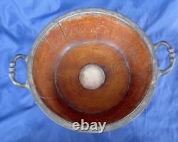 Antique Wood Trophy Bowl Tiger Oak Pedestal Siliverplate Ceramic insert Handles