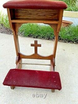 Antique Wooden Tiger Oak Prayer Kneeler Bench CROSS Prie Dieu Church SIDE CREST